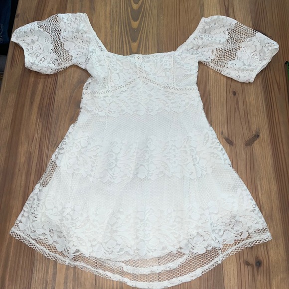 Free People‎ Women's White Lace Mini Dress Square Neck Short Sleeve Romantic - Picture 4 of 13